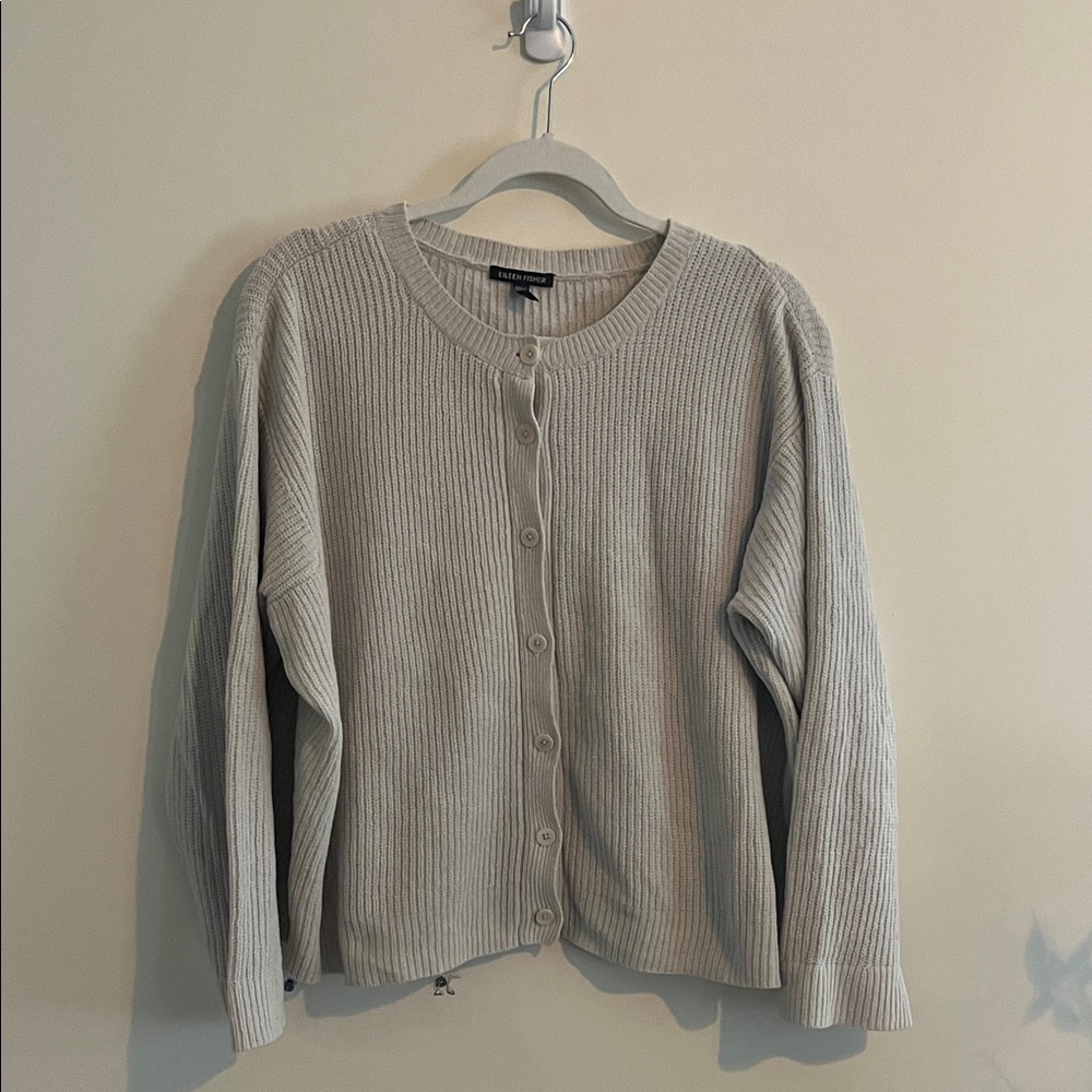 Eileen Fisher Organic Cotton Knit Cardigan Sweater Chenille Crew L Ribbed